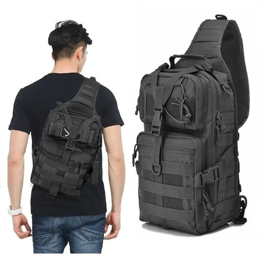 Tactical sling backpack worn on back and side, with webbing straps and multiple pockets