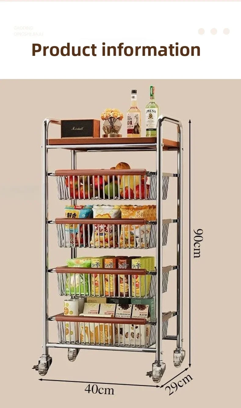 Wooden Rolling Kitchen Cart with 4/8 Baskets, Fruit Vegetable Storage Rack