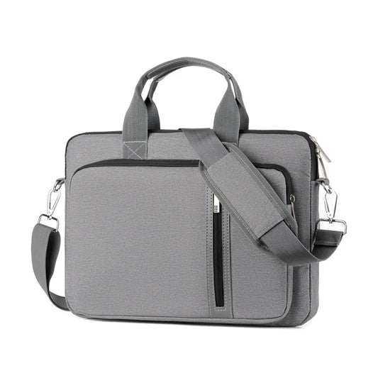 Dark gray laptop briefcase sleeve, top handle and shoulder strap, front zipper pocket