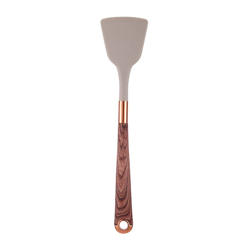 LMETJMA Silicone Kitchen Utensil Set 10 Pcs Cooking Utensil with Utensils Holder Wooden Pattern Handles Nonstick Cookware JT264