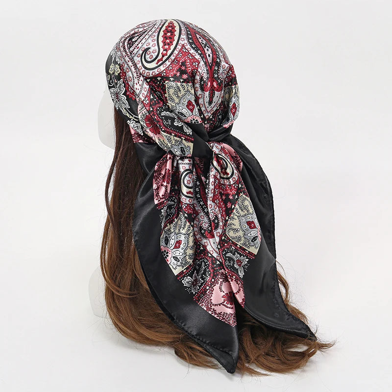 Luxury Brand Silk Satin Square Scarf Women Hijab Bandana Muslim Headscarves Shawl Wrap Ladies Headband Neckerchief Foulard 90cm