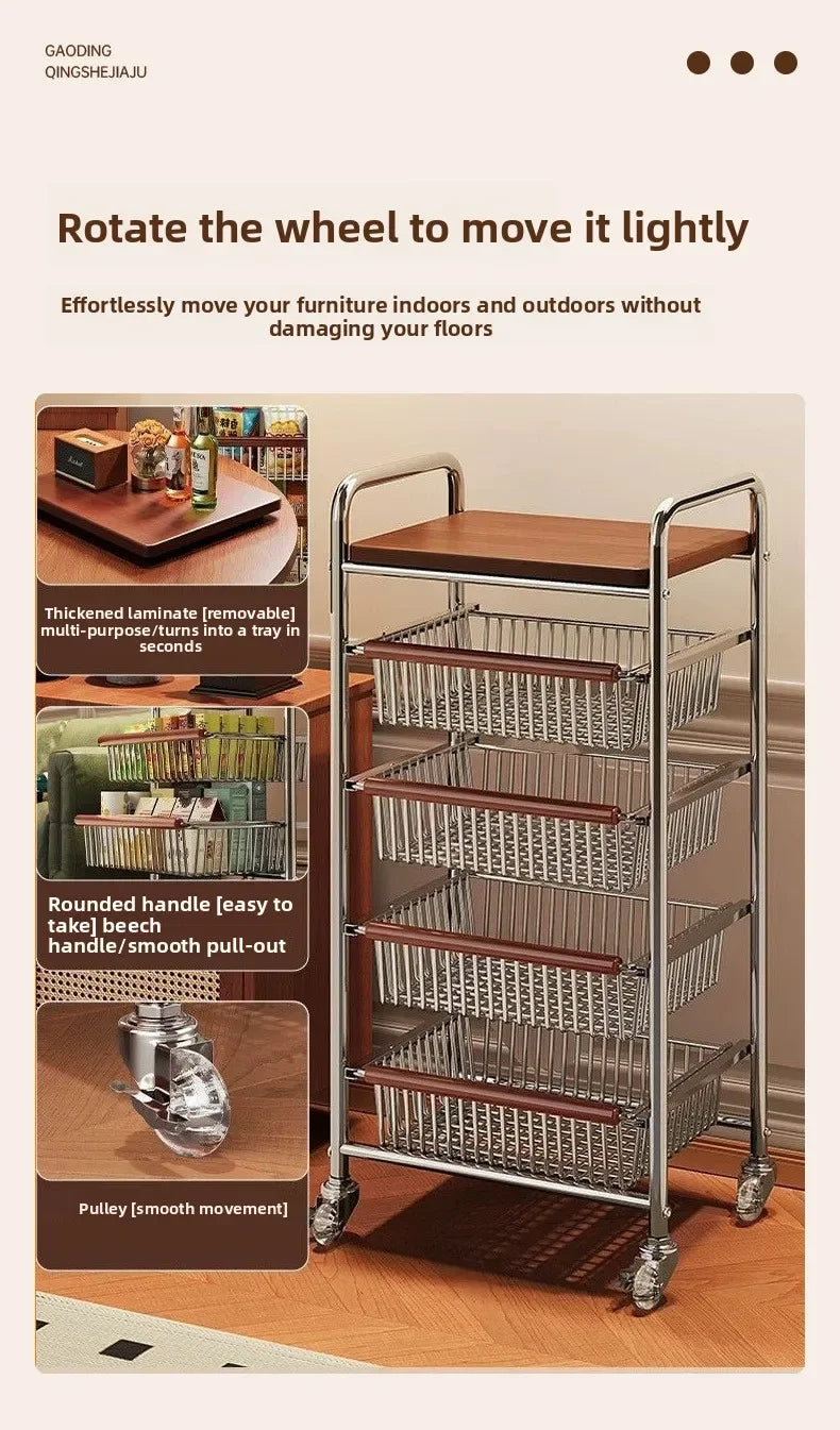 Wooden Rolling Kitchen Cart with 4/8 Baskets, Fruit Vegetable Storage Rack