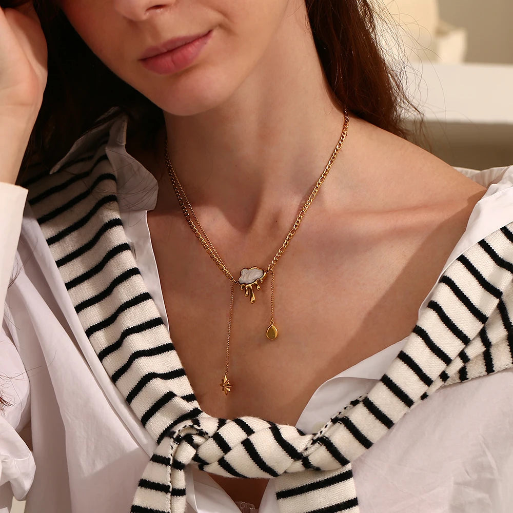 Glossisland | Double Layers Cloud Tassel Zircon Necklace Stainless Steel Waterproof Jewelry Trendy Dainty Chic Necklace