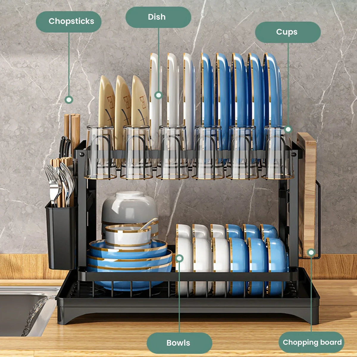 Space Saving Double Tier Dish Drying Rack Rust Resistant Metal With Drain Tray Easy Assemble Kitchen Tableware Holder