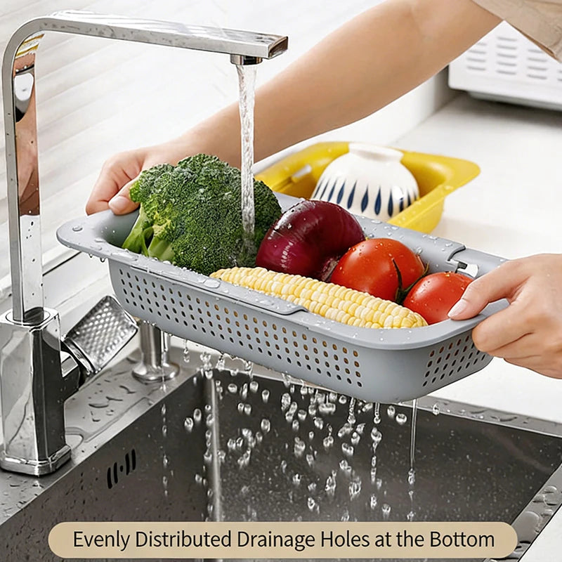 Extendable Over The Sink Colander Strainer Basket for Washing Vegetables Fruits Draining Pasta Drying Dishes Home Kitchen Tool
