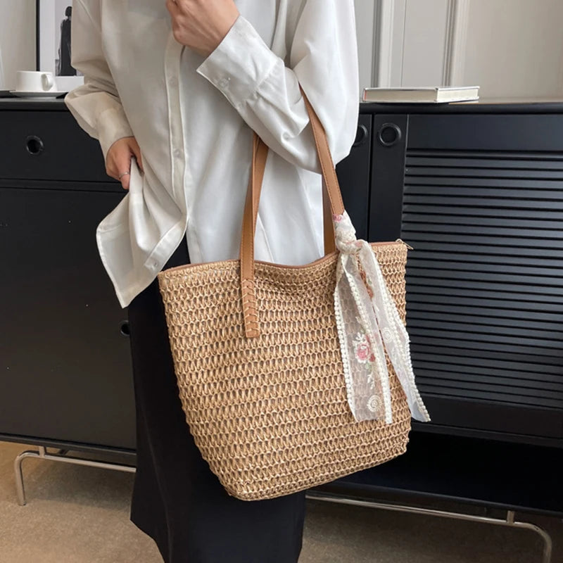 Summer Large Capacity Tote Bag Women Shoulder Bag Handmade Woven Bag Fresh Rural Handheld Grass Woven Women Bag