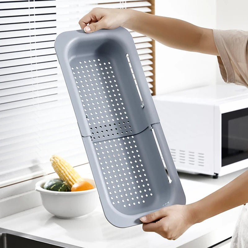 Extendable Over The Sink Colander Strainer Basket for Washing Vegetables Fruits Draining Pasta Drying Dishes Home Kitchen Tool
