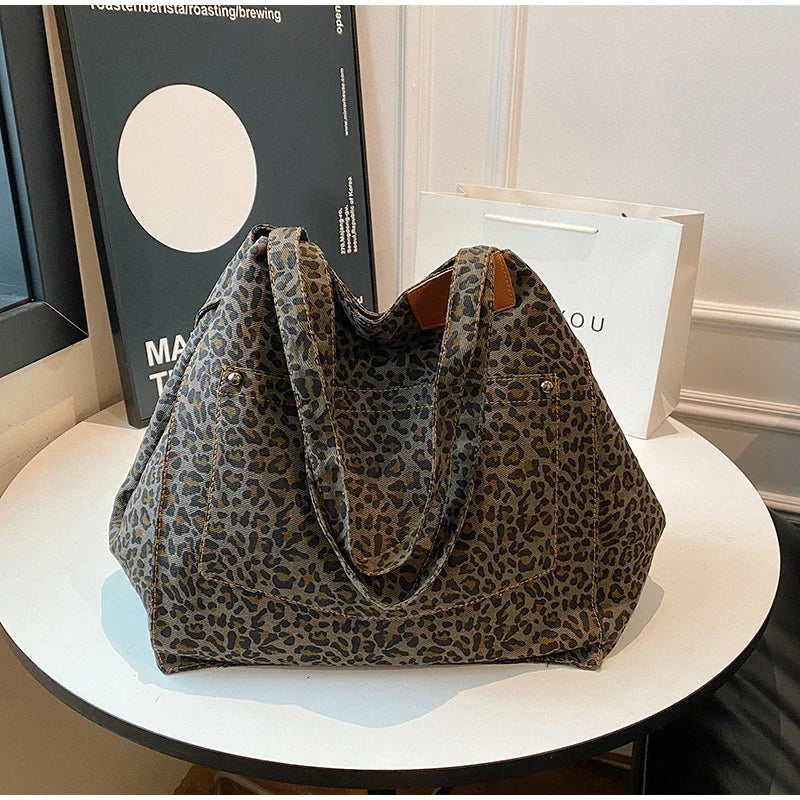Vintage Leopard Print Women's Handbag Fashion Large Capacity Leopard Print Canvas Bag Underarm Bag Large Shopping Bag Women' Bag