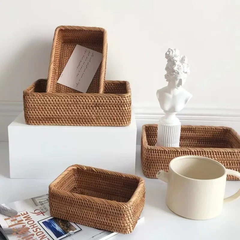 Rattan Storage Basket for Home Decor Snack Handmade Woven Nesting Baskets Wicker Storage Box Kitchen Table Household Supplies