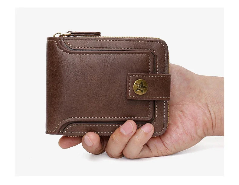 Short Horizontal Zipper Coin Pocket Tri-fold Card Case Purse Billetera Hombre Vintage Men High Quality PU Leather Small Wallet
