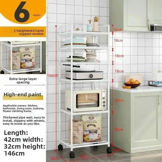 Multi-layer kitchen storage cart with 6 shelves, handle top, and caster wheels