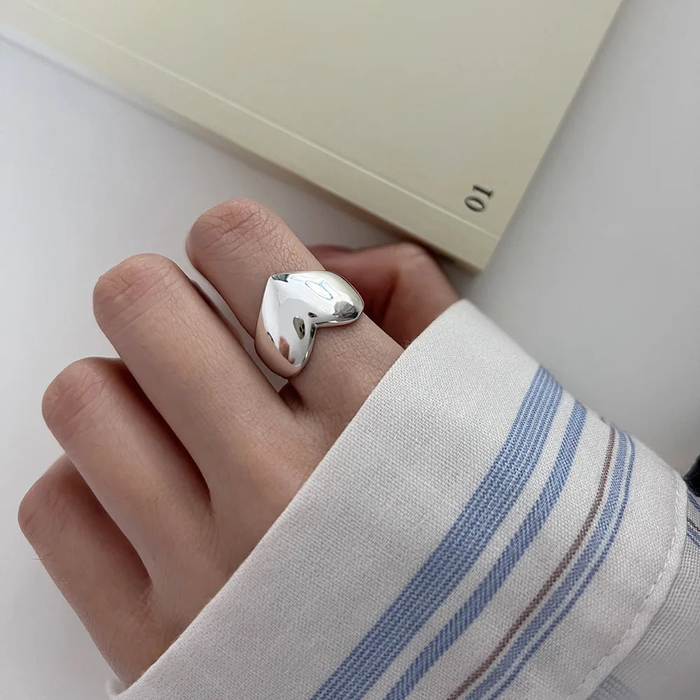 BF CLUB 925 Sterling Silver Simple Heart Rings for Women Couple Fashion Geometric Vintage Handmade Irregular  Ring Party Gifts