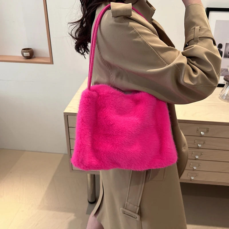 Female Autumn Winter Plush Handbag Versatile Solid Color Chain Crossbody Shopping Bag Women New Design Chain Messenger Bags
