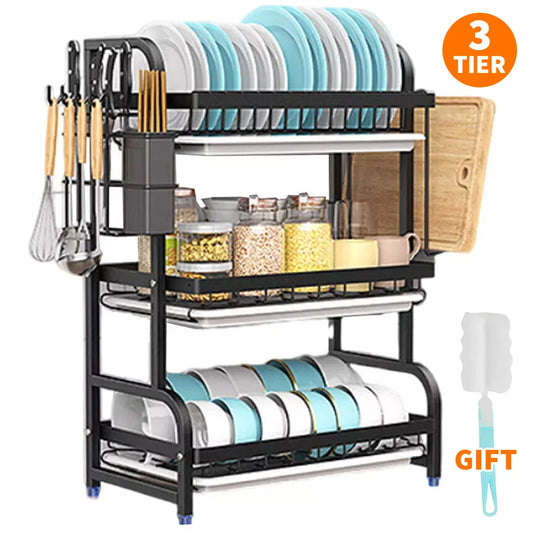 3 Tier Dish Organizer Dish Drying Rack Compact Kitchen Dish Rack Drainboard Set Large Rust-Proof Dish Drainer Kitchen Dish Drain