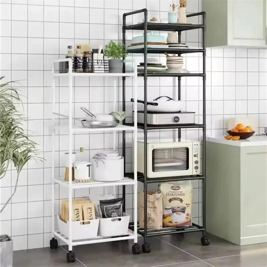 Multi-layer kitchen storage rack set with white and black shelves on rolling casters