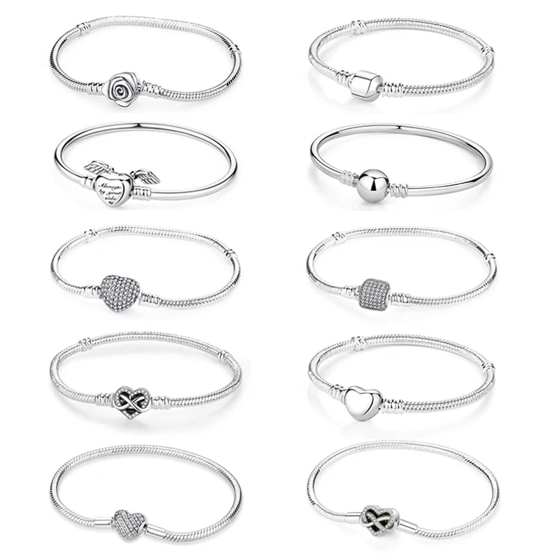 Original 925 Sterling Silver Bracelets Bangles Love Heart Clip Charms Beads Snake Chains For Women Rose Gold DIY Luxury Jewelry