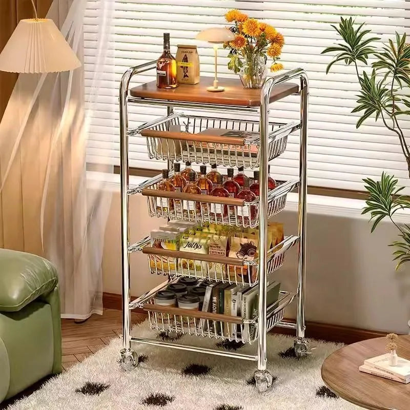 Wooden Rolling Kitchen Cart with 4/8 Baskets, Fruit Vegetable Storage Rack