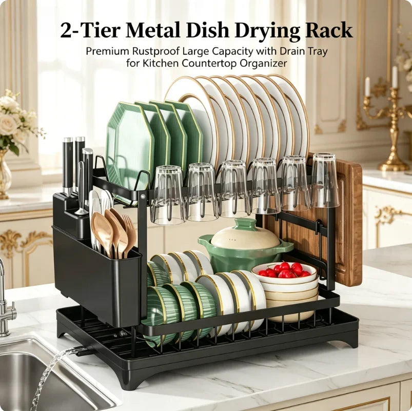 Space Saving Double Tier Dish Drying Rack Rust Resistant Metal With Drain Tray Easy Assemble Kitchen Tableware Holder