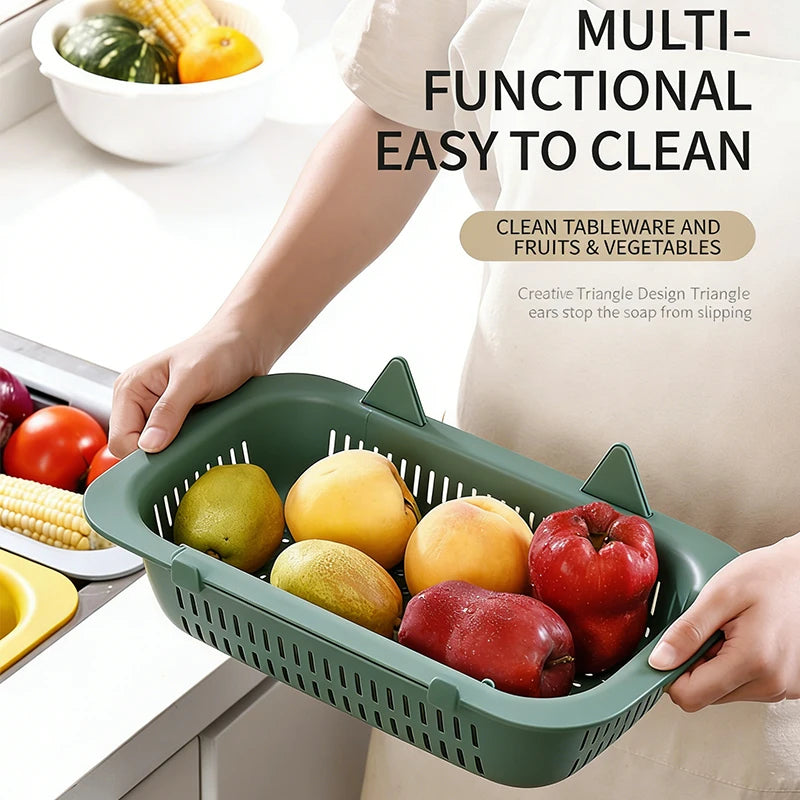 Extendable Over The Sink Colander Strainer Basket for Washing Vegetables Fruits Draining Pasta Drying Dishes Home Kitchen Tool