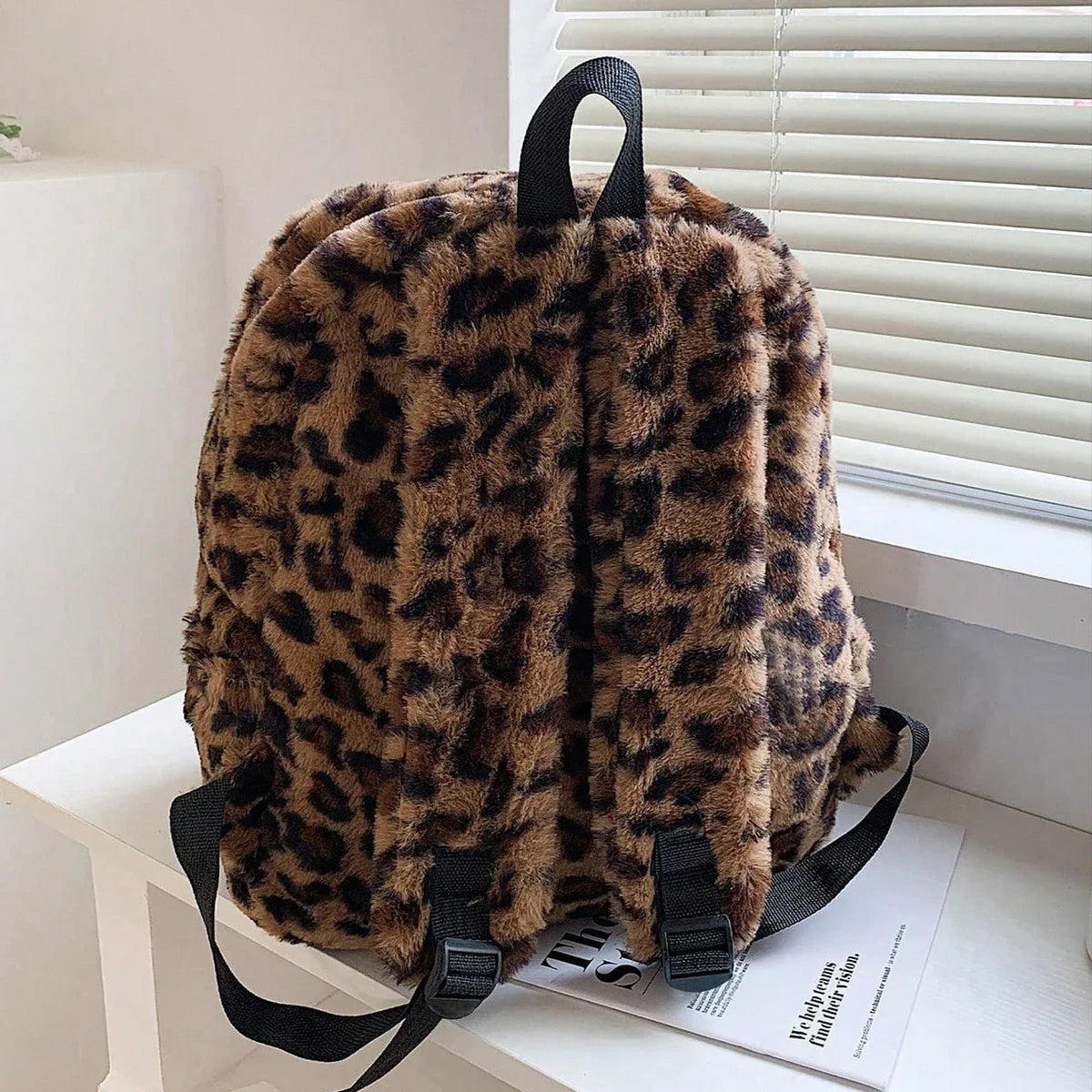 Luxury Brown Leopard Pattern Plush Womens Backpack Large Capacity Backpack Purse Multi Pocket Adjustable Straps For Commute
