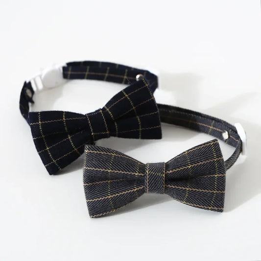 Adjustable breakaway pet bow tie collar set, black plaid and dark plaid bows