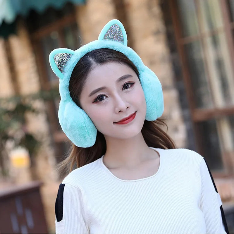Playful Girls Ear Muffs Cold Protection Warm Hot Lovely Winter Warm Cat Ear Warmers Glitter Ears Plush Earmuffs for Women EZr02