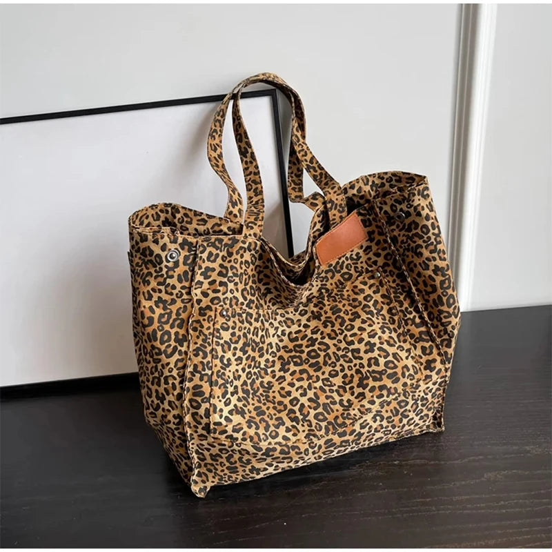 Vintage Leopard Print Women's Handbag Fashion Large Capacity Leopard Print Canvas Bag Underarm Bag Large Shopping Bag Women' Bag