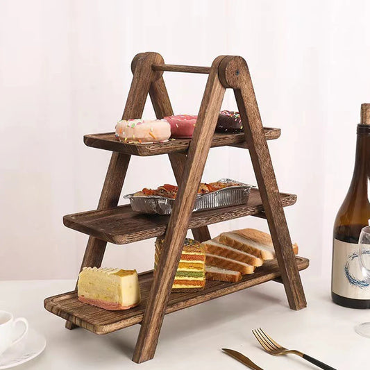 3-tier wooden tiered tray stand with rustic medium-brown finish, three serving platforms
