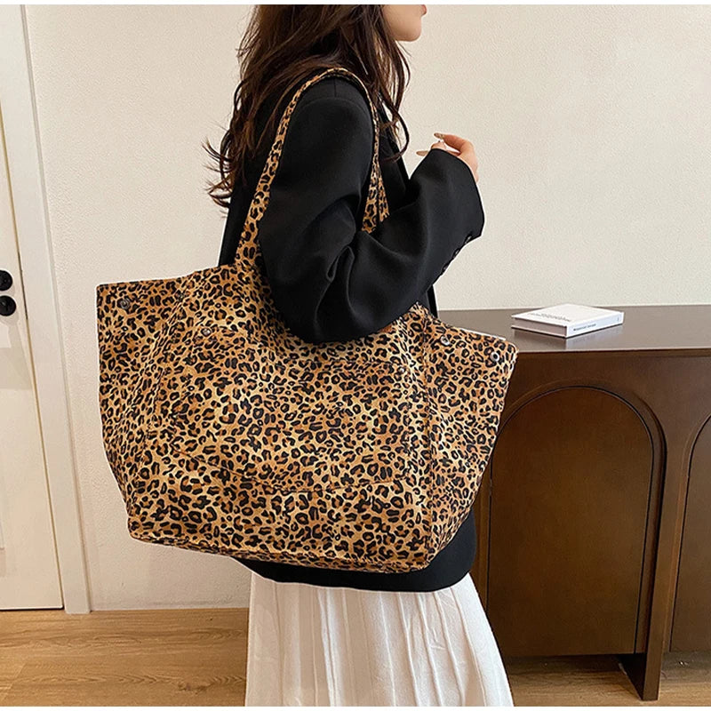 Vintage Leopard Print Women's Handbag Fashion Large Capacity Leopard Print Canvas Bag Underarm Bag Large Shopping Bag Women' Bag