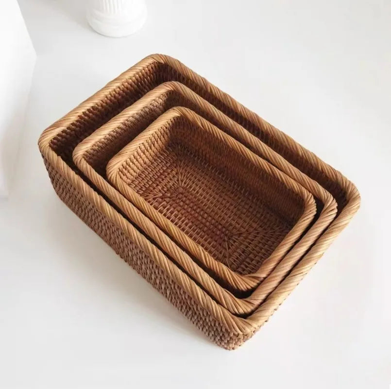 Rattan Storage Basket for Home Decor Snack Handmade Woven Nesting Baskets Wicker Storage Box Kitchen Table Household Supplies