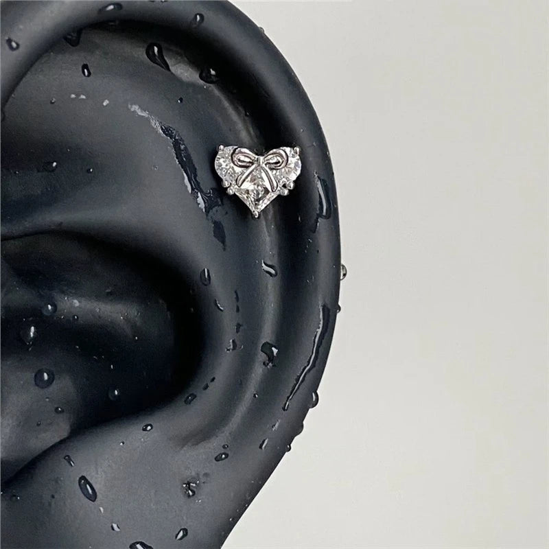 1 Pcs White Heart Bowknot Titanium Steel Ear Bone Nail Shiny Allergy Prevention Women Cochlear Accessories Piercing Earrings