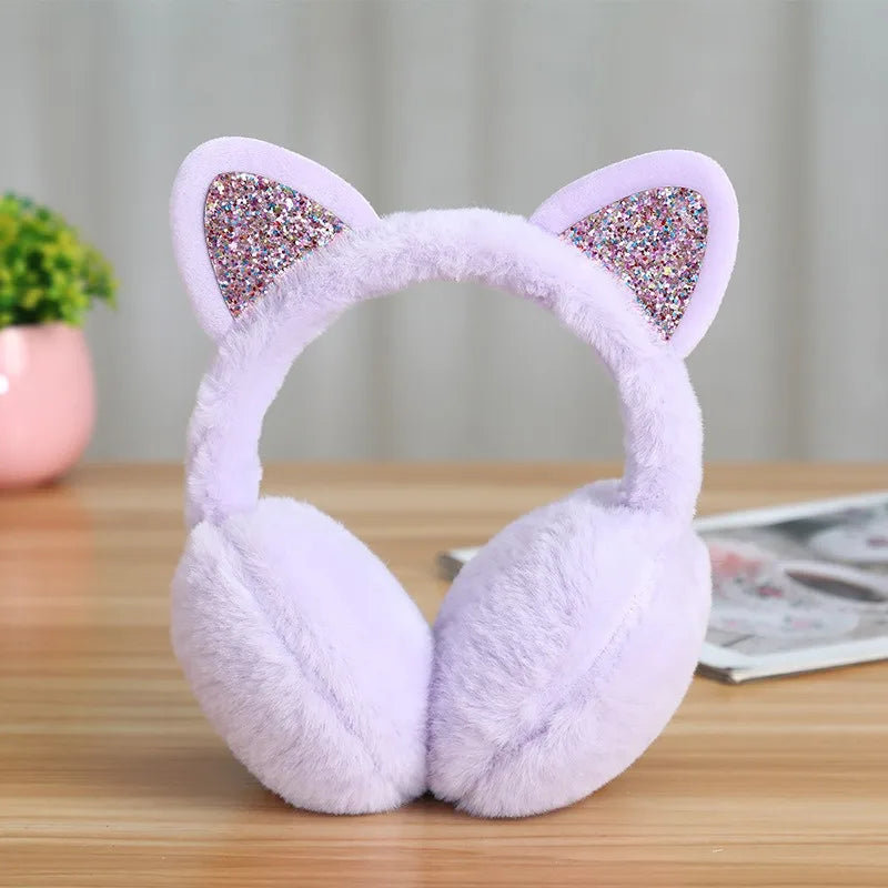 Playful Girls Ear Muffs Cold Protection Warm Hot Lovely Winter Warm Cat Ear Warmers Glitter Ears Plush Earmuffs for Women EZr02