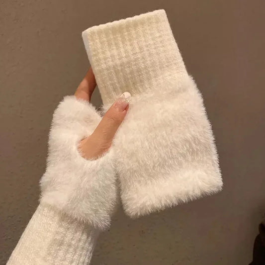 White plush half-finger knit gloves with ribbed wrist cuffs, fingerless palm coverage