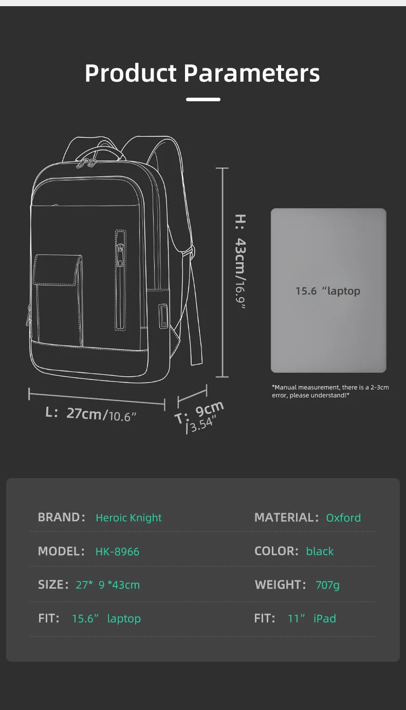 Heroic Knight Slim Backpack for Men Multifunction Work Backpack for 15.6' Laptop Bag Waterproof Business Bag College Bag Male