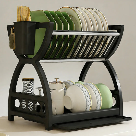 Two-tier dish drying rack with black frame, holding green and white plates and bowls
