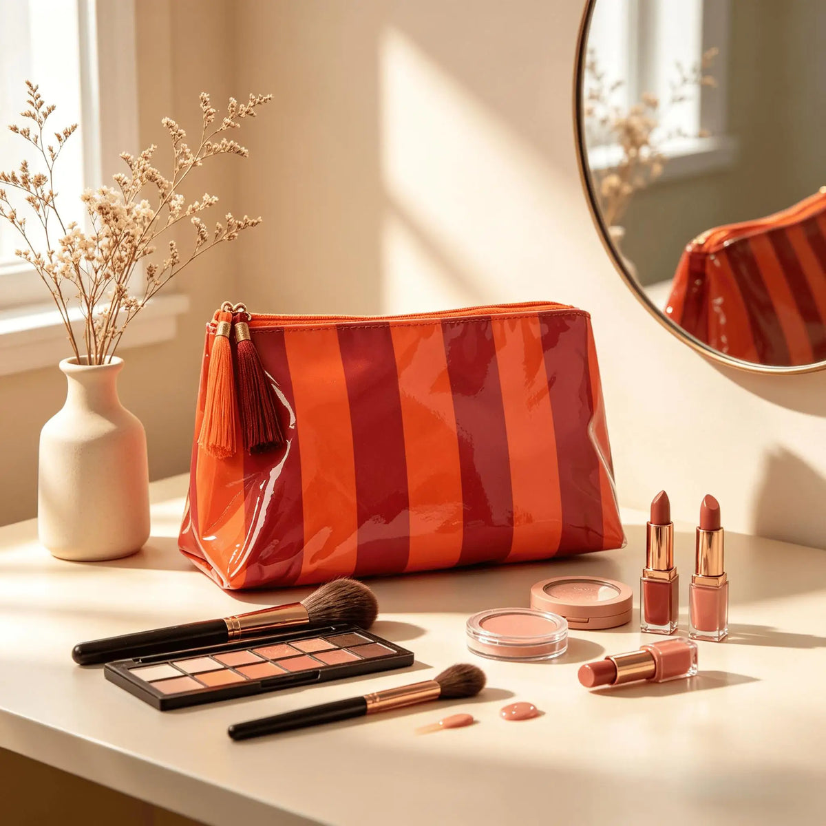 Travel Makeup Bag for Women, Portable Water-resistant Cosmetic Case Puffy Padded Make Up Organizer Pouch, Open Flat Toiletry Bag