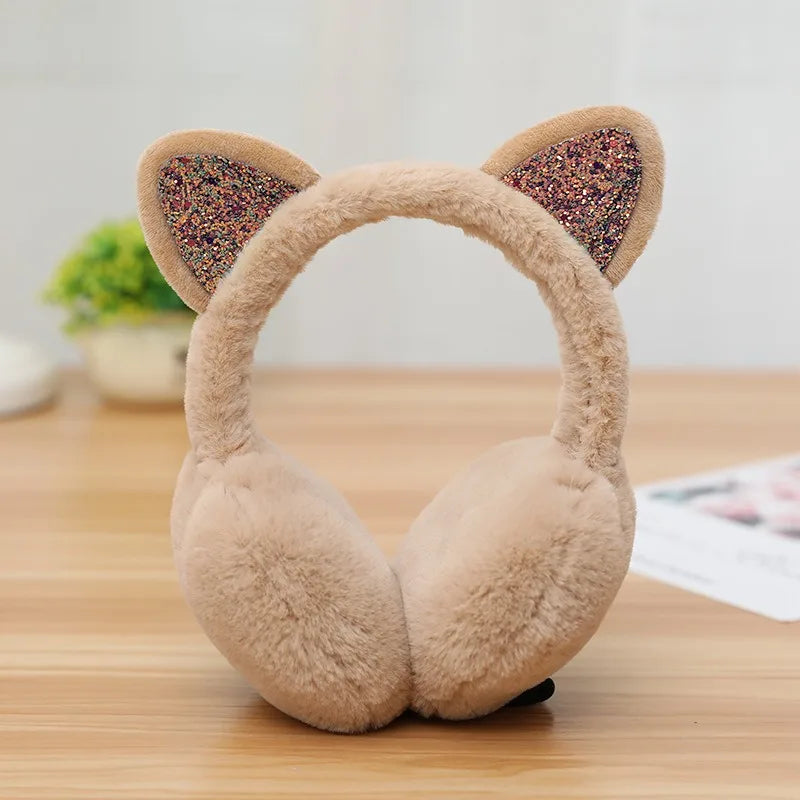 Playful Girls Ear Muffs Cold Protection Warm Hot Lovely Winter Warm Cat Ear Warmers Glitter Ears Plush Earmuffs for Women EZr02