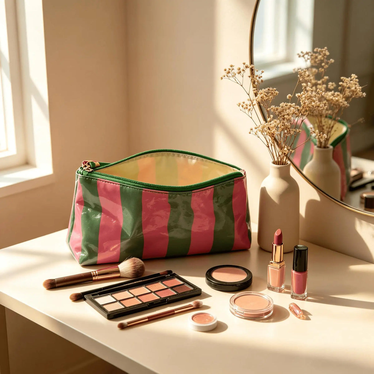 Travel Makeup Bag for Women, Portable Water-resistant Cosmetic Case Puffy Padded Make Up Organizer Pouch, Open Flat Toiletry Bag
