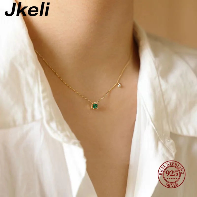 Jkeli S925 Sterling Silver Simple Emerald Crystal Chain  Necklace  Women Light Luxury Temperament Plating 18k Gold Jew   style