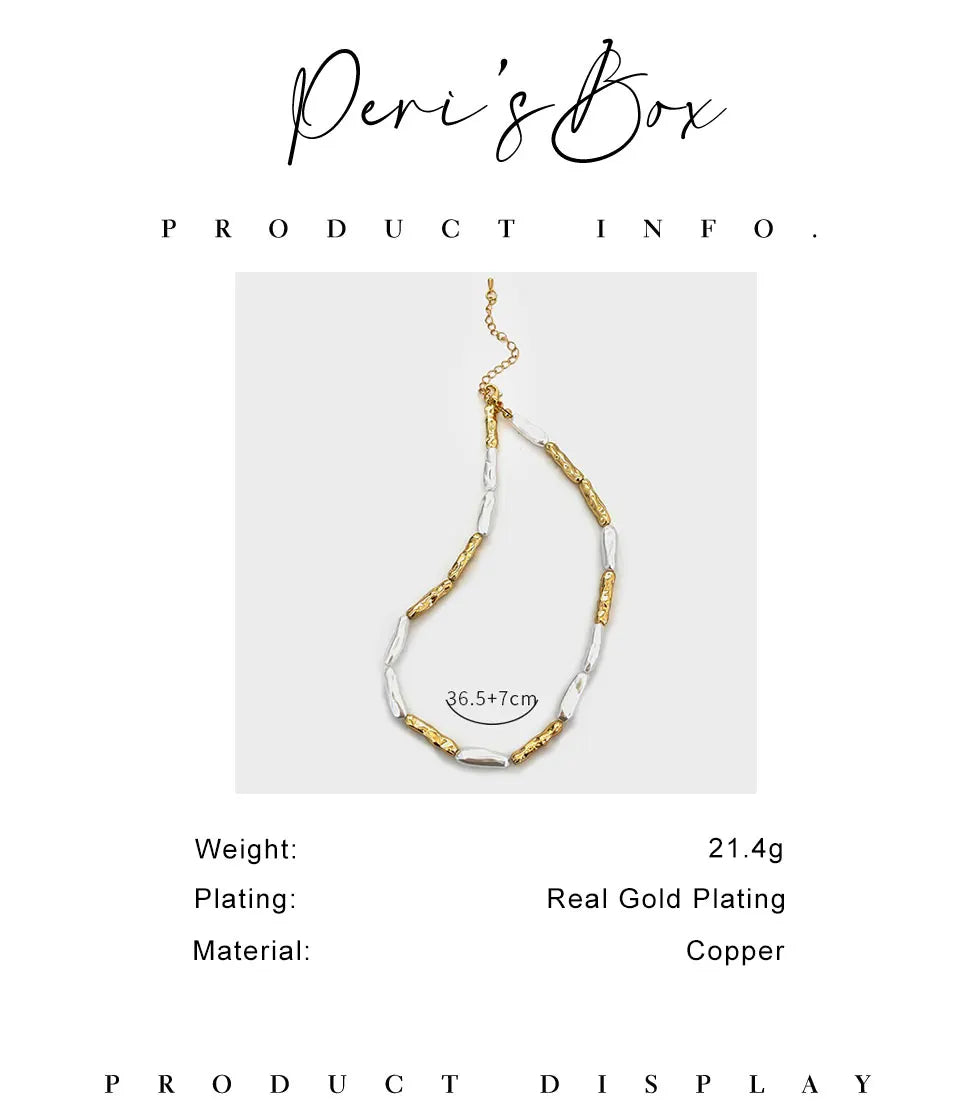 Peri'sbox Vintage Fashion Irregular Imitation Baroque Pearl Metal Copper Necklace for Women Punk Hip-Hop Statement Jewelry Gifts