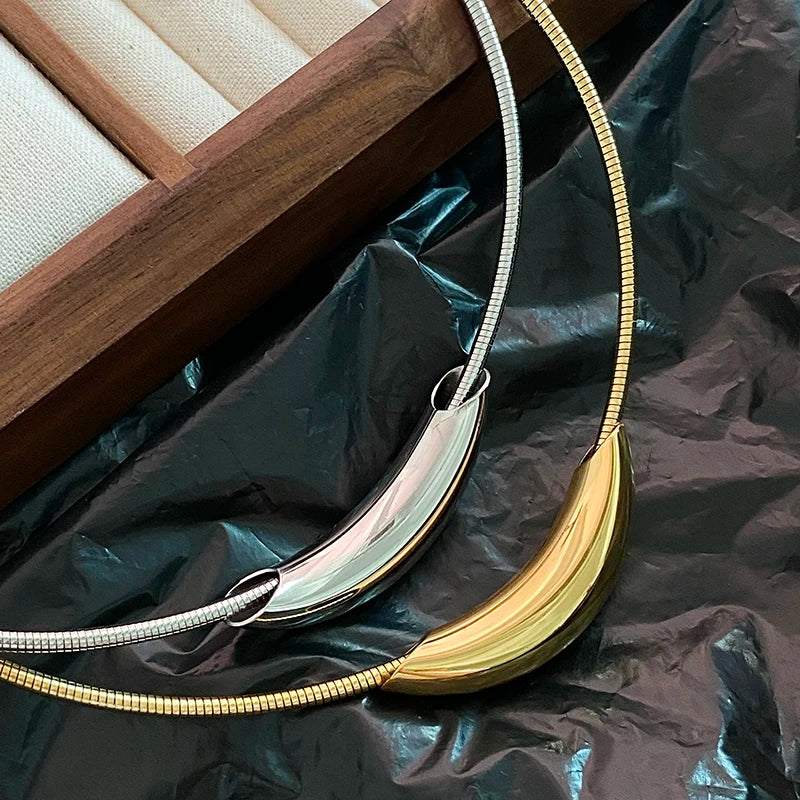 French Retro Design Metal Tube Snake Bone Chain Collar For Women's Exaggerated Stainless Steel Necklace Girls' Colorless Jewelry