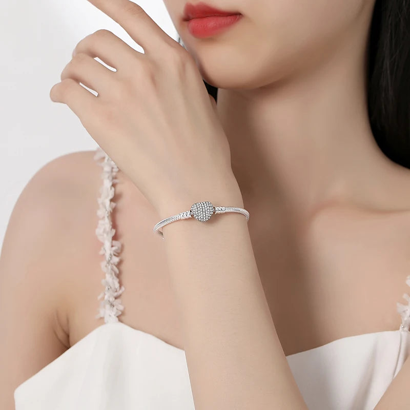 Original 925 Sterling Silver Bracelets Bangles Love Heart Clip Charms Beads Snake Chains For Women Rose Gold DIY Luxury Jewelry