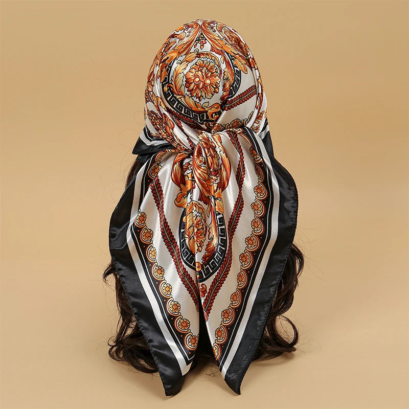 Luxury Brand Silk Satin Square Scarf Women Hijab Bandana Muslim Headscarves Shawl Wrap Ladies Headband Neckerchief Foulard 90cm