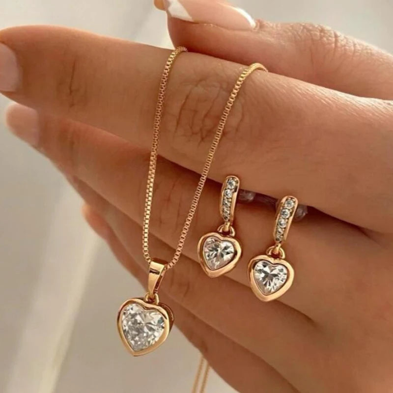 LATS 3 Pcs/Set Round Pearl Pendant Necklace For Women Exquisite Fashion Rhinestone Double  Earring Wedding Jewelry Set Gift