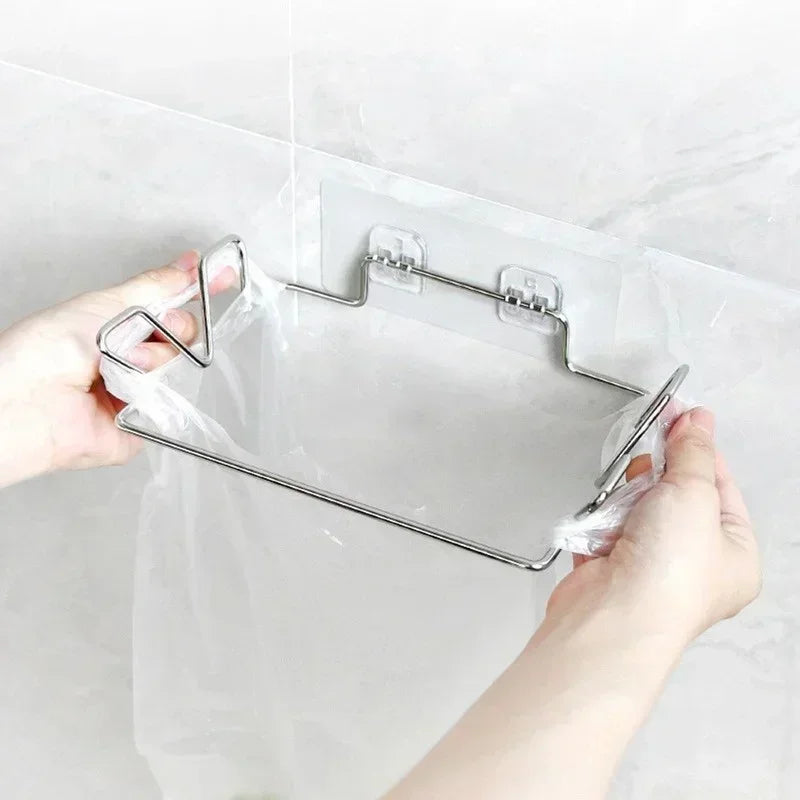 Hands install stainless trash bag rack on a wall with clear mounting plate