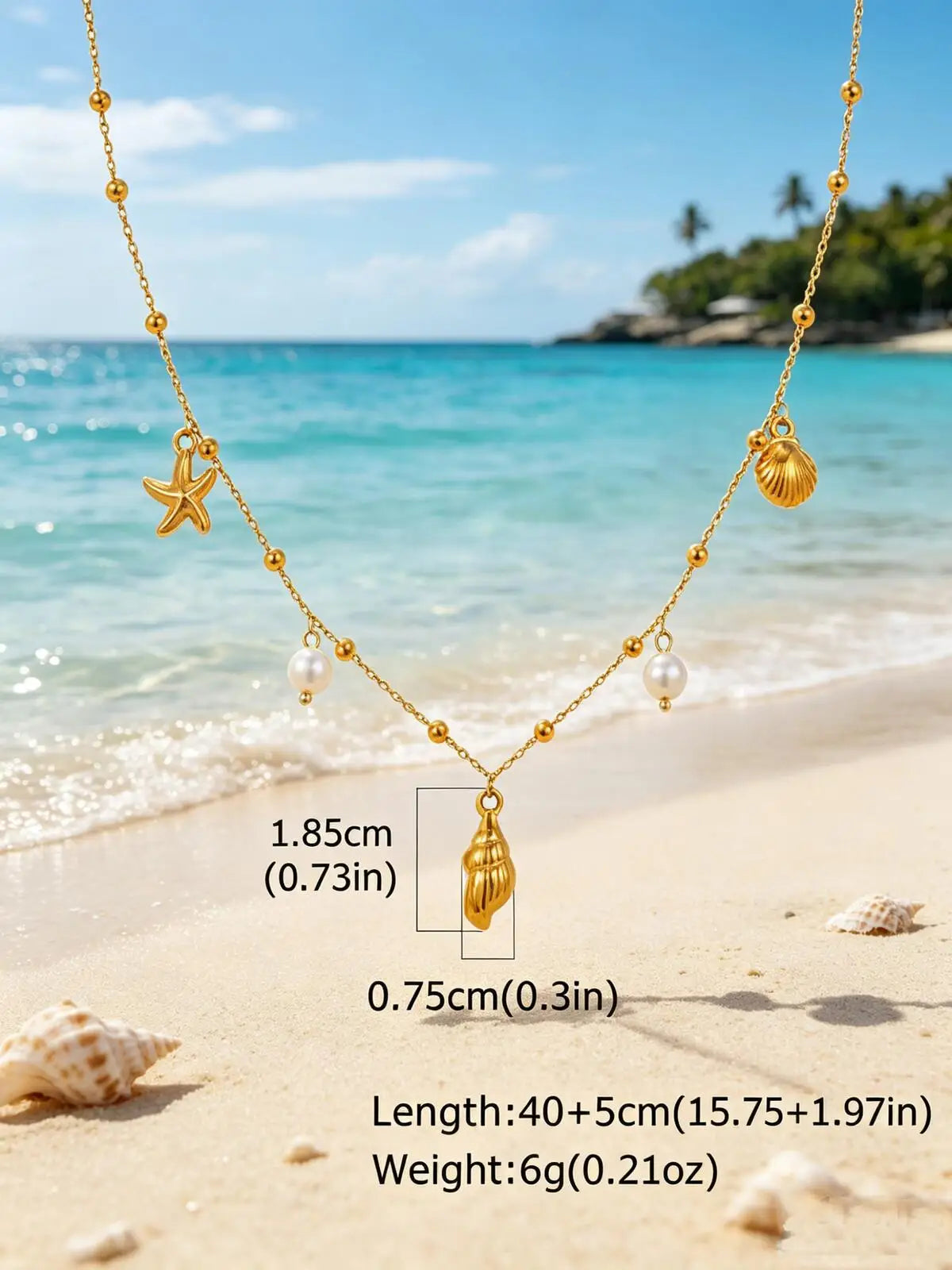 18K Gold Plated Pearl, Shell, Conch, Starfish Summer Beach Necklace for Women, Stainless Steel Waterproof Charm Jewelry