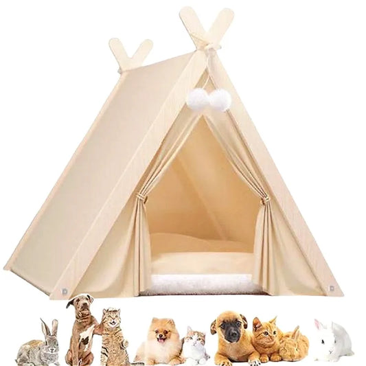 Foldable pet teepee tent with cream canvas and white cushioned floor pad
