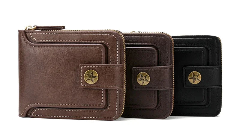 Short Horizontal Zipper Coin Pocket Tri-fold Card Case Purse Billetera Hombre Vintage Men High Quality PU Leather Small Wallet