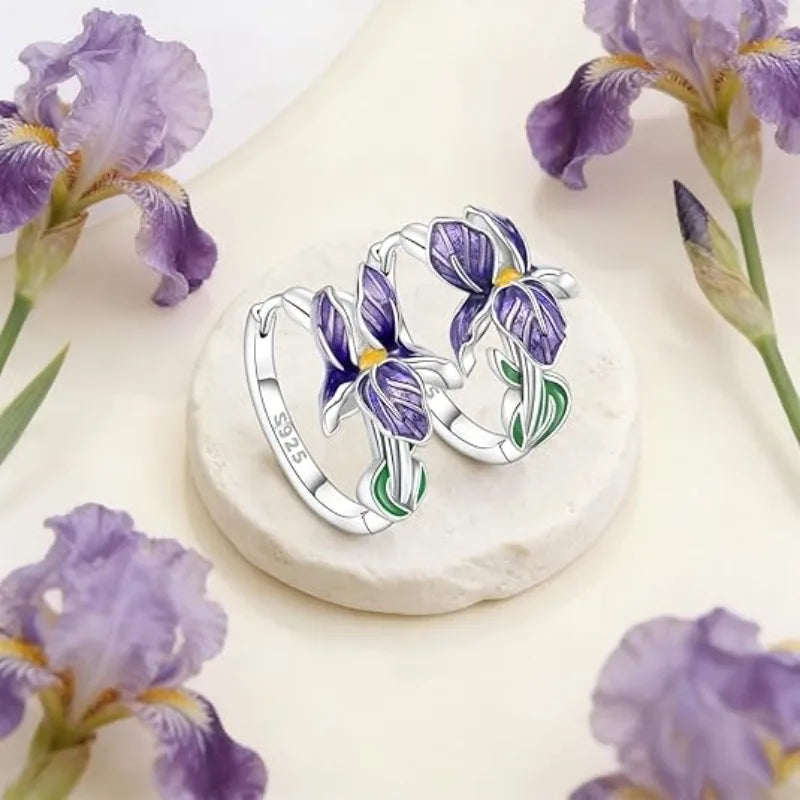 925 Sterling Silver Flower and Plant Series Purple Iris Earrings Exquisite Wedding Party Gifts for Ladies Jewelry Fashion Gifts
