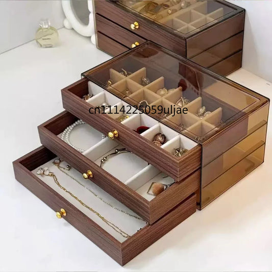 Wooden multi-layer jewelry box with clear top window and open ring compartments
